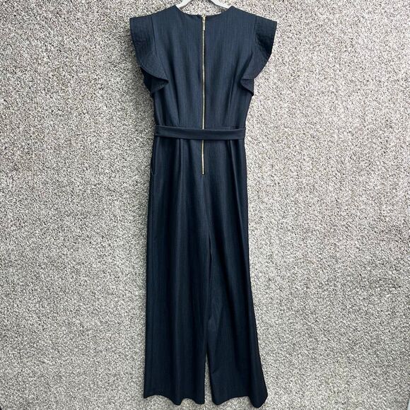 Calvin Klein Jumpsuit Women’s 4 Short Ruffle Sleeve Dark Chambray Straight Leg - Picture 6 of 10